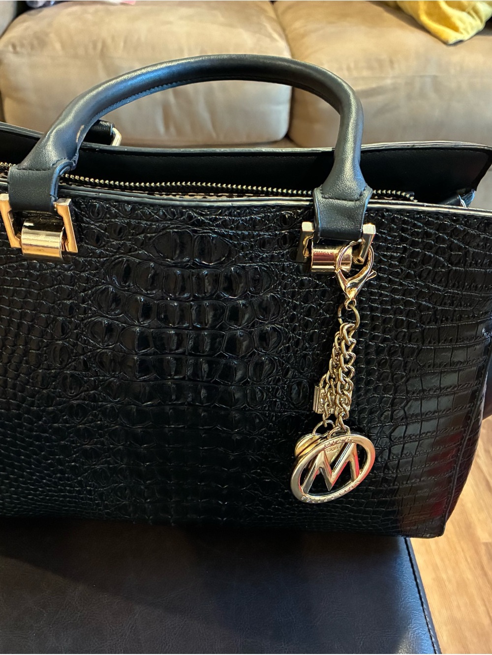 Michael Kors Black Croc-Embossed Satchel with Gold Charm